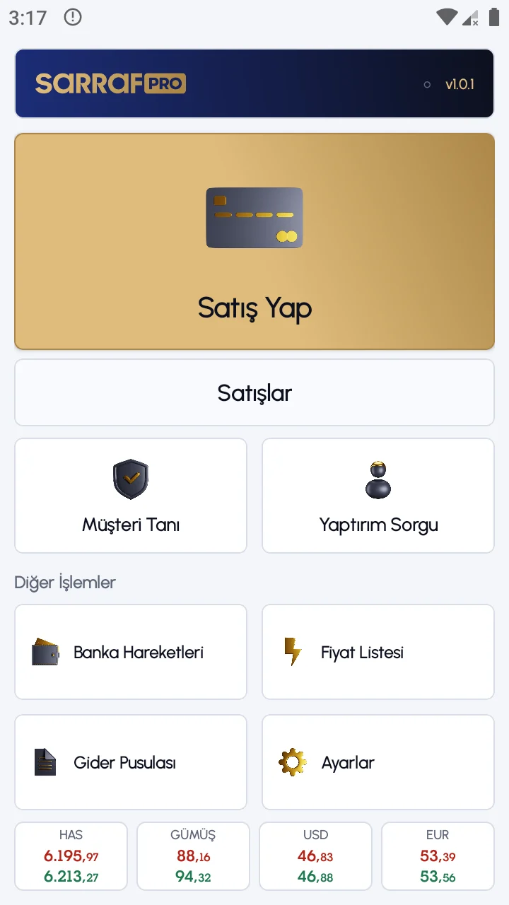 SarrafPro POS açık tema ana menü ekranı